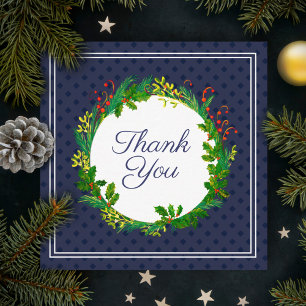 Simple and modern holly mistletoe wreath blue discount card