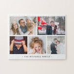 Simple and Modern Photo Collage for the Family Jigsaw Puzzle<br><div class="desc">This stylish and elegant photo puzzle features five of your personal family photos,  with simple typewriter look text with your family name. A modern five photo grid that shows off your favorite photos!</div>