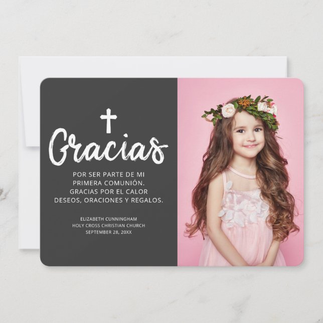 Simple and Modern Photo Cross Communion Gracias Thank You Card (Front)
