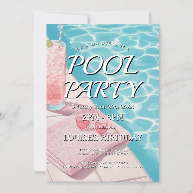 Simple and pink Pool Party Invitation (Front)