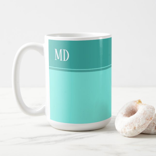 Simple and Pretty Teal Blue Striped Monogram Coffee Mug (With Donut)