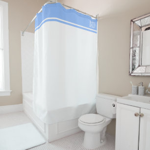 Simple and Pretty White and Blue Striped Monogram Shower Curtain