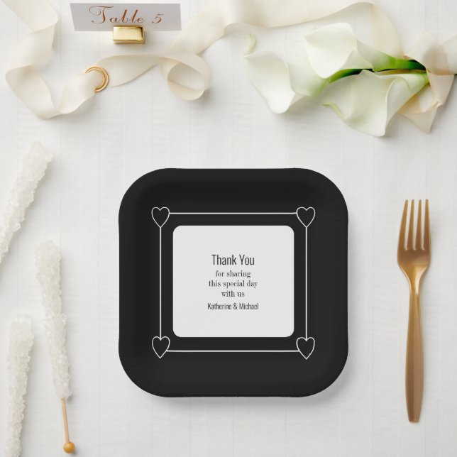 Simple and Romantic Hearts Black Wedding Paper Plate (Wedding)