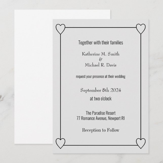 Simple and Romantic Hearts Light Grey Wedding Invitation (Front/Back)