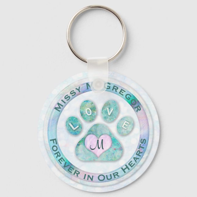 Simple and Sweet Pet Memorial Monogram Heart Paw Key Ring (Front)