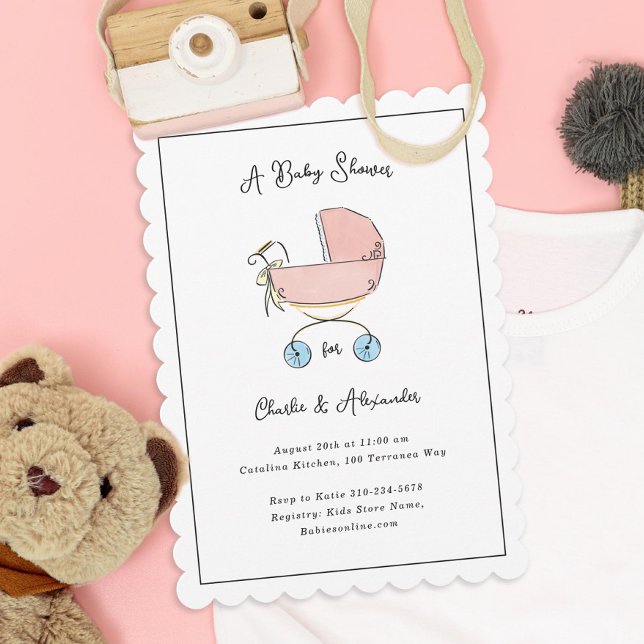 Simple and Sweet Pink and Blue Pram Baby Shower Invitation (Creator Uploaded)