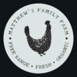 Simple and Vintage Farm Chicken egg box Classic Round Sticker<br><div class="desc">This cute vintage and rustic sticker design is perfect for your family farm packaging,  or for egg boxes. The design features a cute spotty chicken,  with space for you to add your farm name and a description of your eggs.</div>