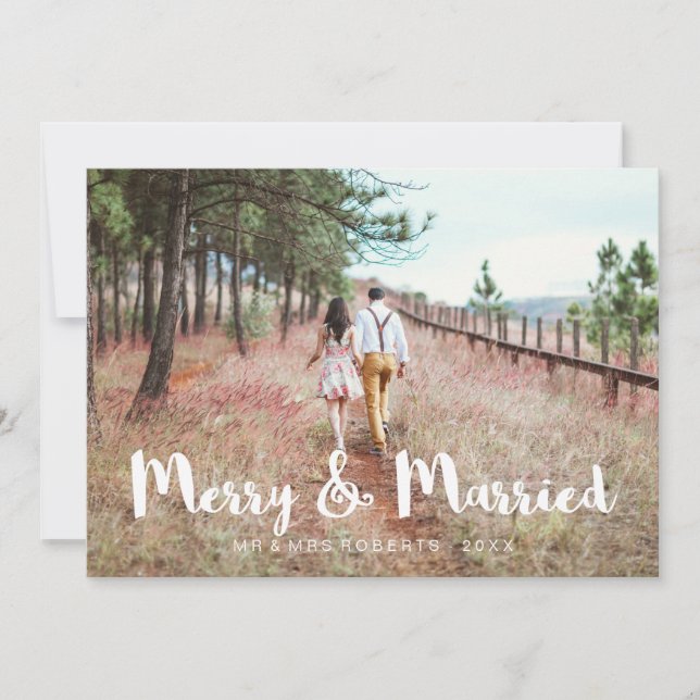 Simple and Whimsical Merry and Married Christmas Holiday Card (Front)