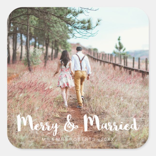 Simple and Whimsical Merry and Married Photo Square Sticker (Front)