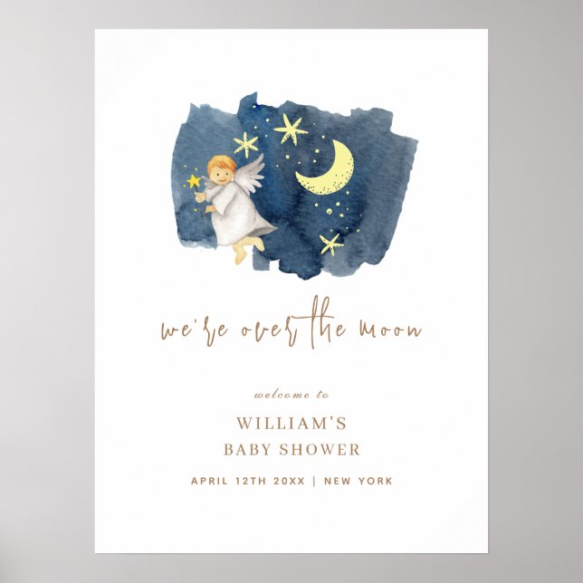 Simple Angel Moon Star Baby Shower Welcome Sign (Front)