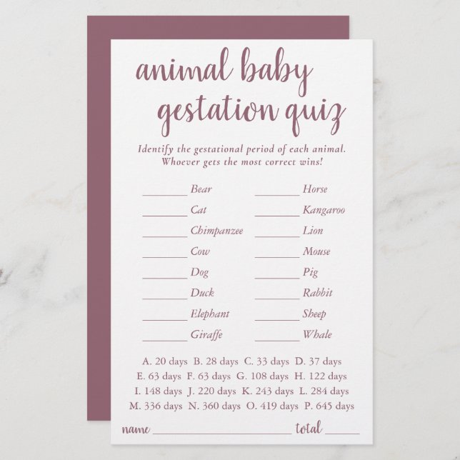 Simple Animal Baby | Mauve Pink Gestational Game (Front/Back)