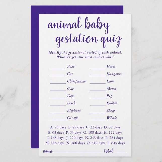 Simple Animal Baby | Royal Purple Gestational Game (Front/Back)
