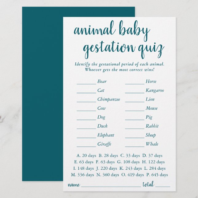 Simple Animal Baby | Teal Aqua Gestational Game (Front/Back)