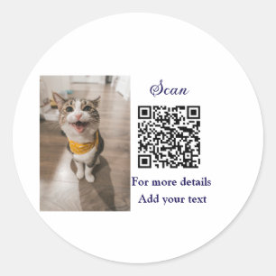 Simple animal name details QR code add text photo  Classic Round Sticker