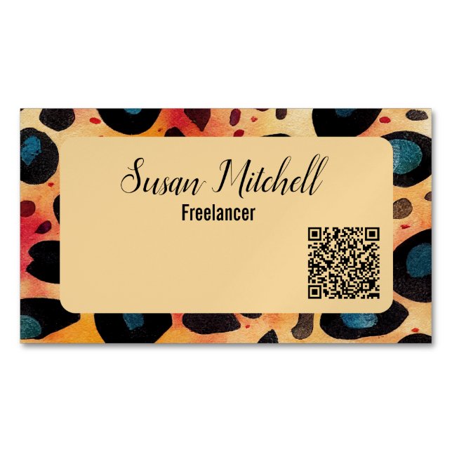 Simple Animal Print Elegant Modern QR Code Magnetic Business Card (Front)