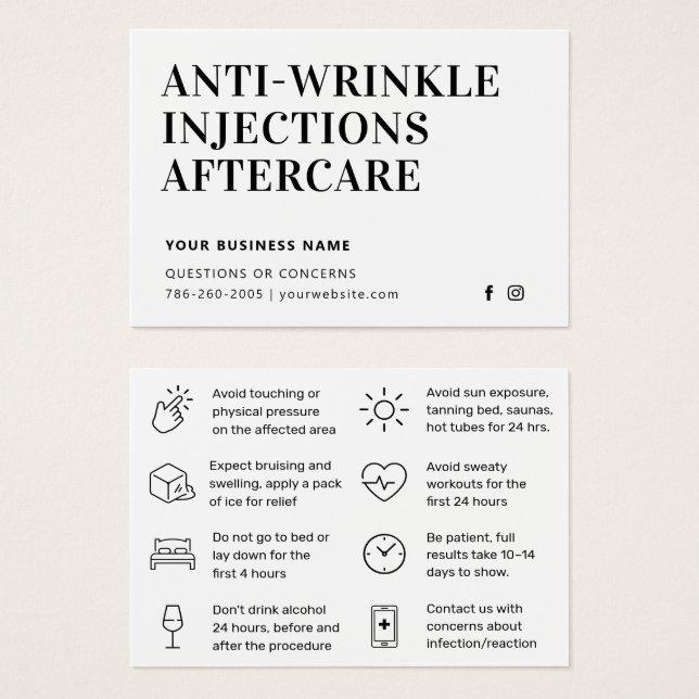Simple Anti Wrinkle Injections  Aftercare Card  (Front & Back)