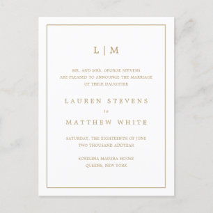 Simple Antique Gold Monogram Elegant Wedding Announcement Postcard