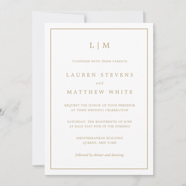 Simple Antique Gold Monogram Elegant Wedding Invitation (Front)