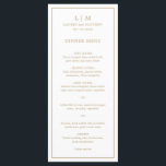 Simple Antique Gold Monogram Elegant Wedding Menu<br><div class="desc">Simple wedding menu featuring a modern yet elegant design with your two letter monogram along with your names and date surrounded by a thin border. All text is in faux gold over a white background. The fonts and background colours may be changed to any colours you wish by clicking the...</div>