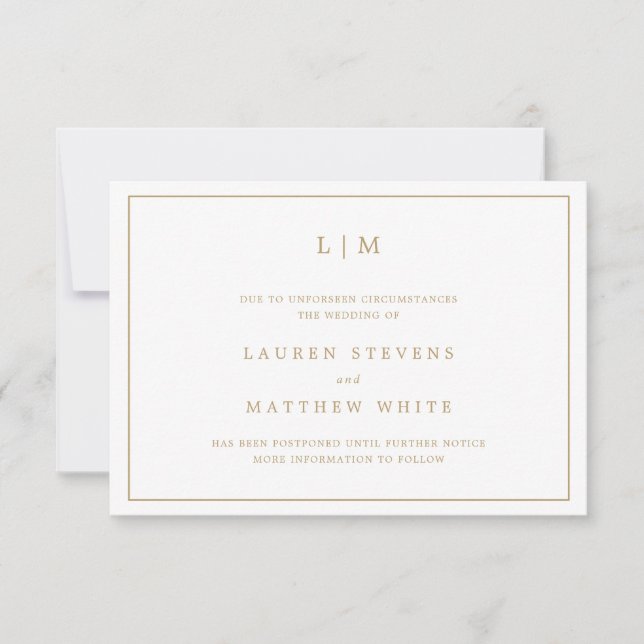 Simple Antique Gold Monogram Wedding Postponement Invitation (Front)