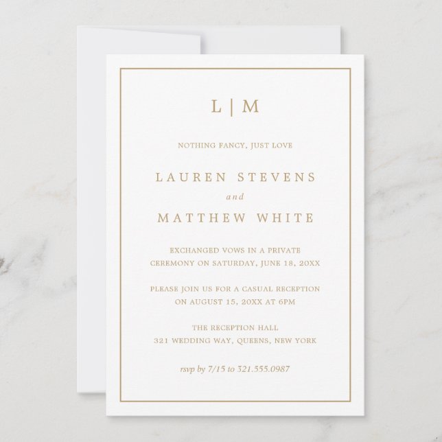 Simple Antique Gold Monogram Wedding Reception Invitation (Front)