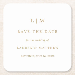 Simple Antique Gold Monogram Wedding Save the Date Square Paper Coaster