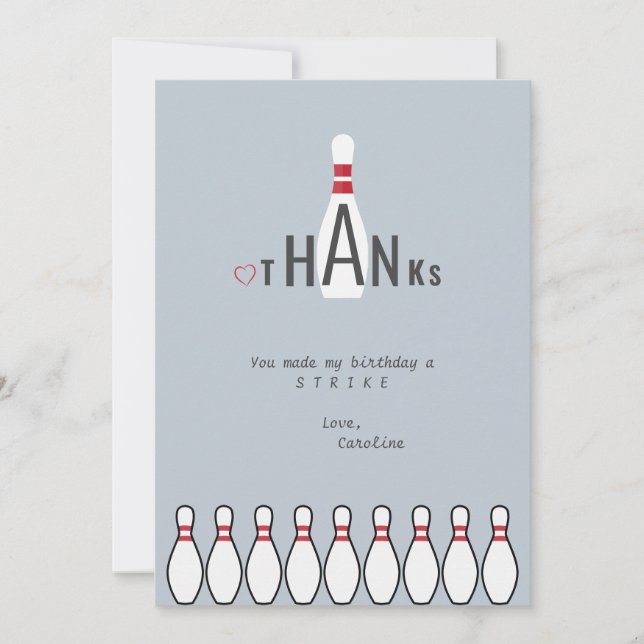 Simple Any Age Dusty Blue Bowling Birthday Party Thank You Card (Front)