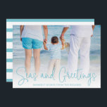 Simple Aqua Beach Photo Elegant Christmas Holiday Card<br><div class="desc">Send out holiday cheer with this nautical themed flat Christmas card featuring a simple design with the words "Seas and Greetings" in an elegant thin aqua script,  along with your message over your favourite horizontal beach vacation photo.  The backside has aqua and white stripes.</div>