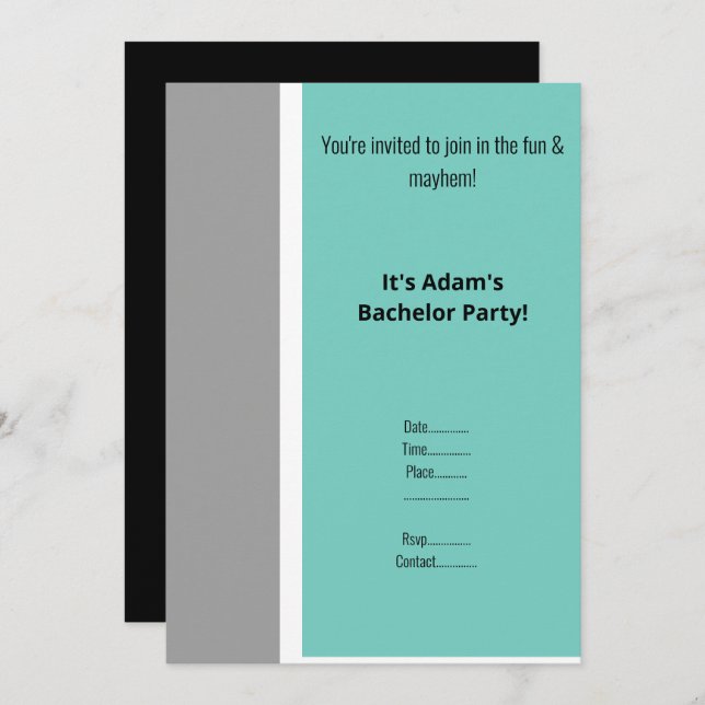 SIMPLE AQUA BLACK WHITE BACHELOR PARTY INVITE (Front/Back)