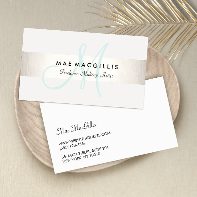 Simple Aqua Monogram Modern FAUX Silver Striped Business Card (Creator Uploaded)