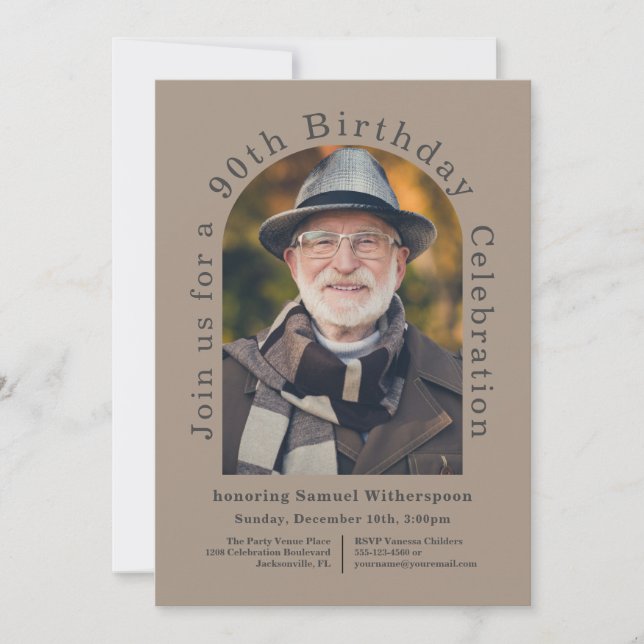 Simple Arch 90th Birthday Party with Photo Invitation (Front)
