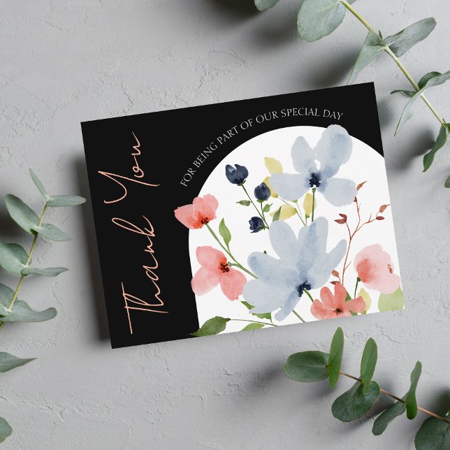 Simple Arch Black and Pink Floral Wedding Thank You Card (Creator Uploaded)
