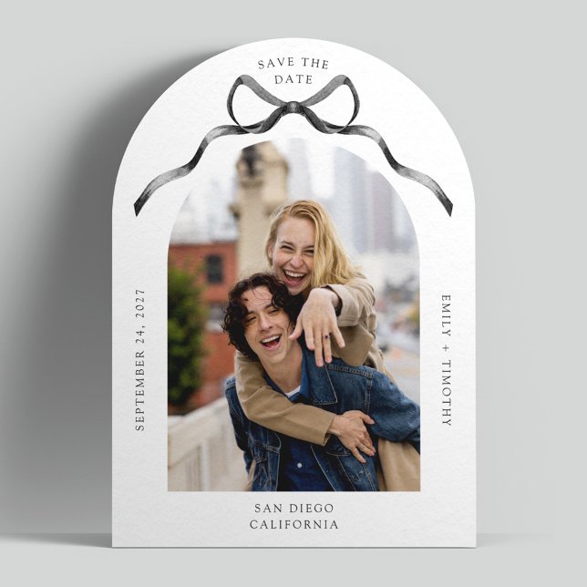 Simple Arch Photo Black Bow Wedding Save the Date Invitation (Creator Uploaded)