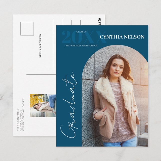 Simple Arch Photo Blue Graduation Announcement Postcard (Front/Back)