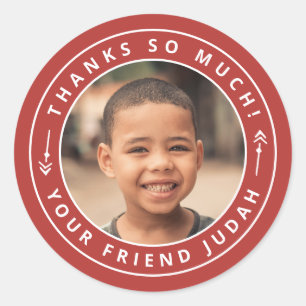 Simple Arrows Circle Photo Thank You Name Red Classic Round Sticker