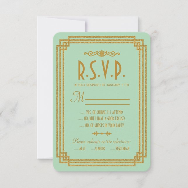 Simple Art Deco Mint Wedding Response Cards (Front)