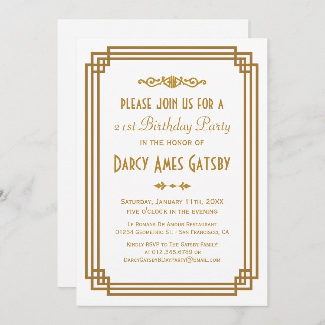 Simple Art Deco White Birthday Party Invites (Front/Back)