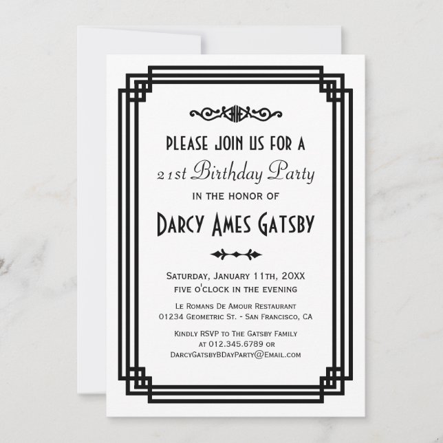 Simple Art Deco White & Black Birthday Party Invitation (Front)
