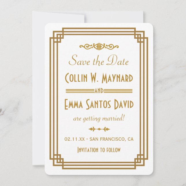 Simple Art Deco White Save The Date (Front)