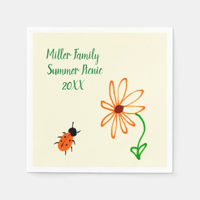 Simple Art Orange Flower and Bug Family Reunion Napkin (Front)