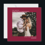 Simple Artsy Minimal Photo Cranberry Red Wedding Save The Date<br><div class="desc">This simple wedding Save the Date card features an elegant square design with a cranberry red background and symmetrically placed text which is left justified on the top and right justified on the bottom. Upload your photo and give your guests advance notice of your upcoming wedding date.</div>