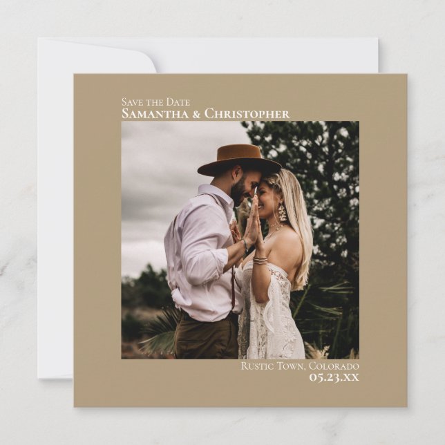 Simple Artsy Minimal Photo Mocha Tan Wedding  Save The Date (Front)