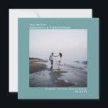 Simple Artsy Minimal Square Photo Teal Wedding Save The Date<br><div class="desc">This simple wedding Save the Date card features an elegant square design with a teal background and symmetrically placed text which is left justified on the top and right justified on the bottom. Upload your photo and give your guests advance notice of your upcoming wedding date.</div>