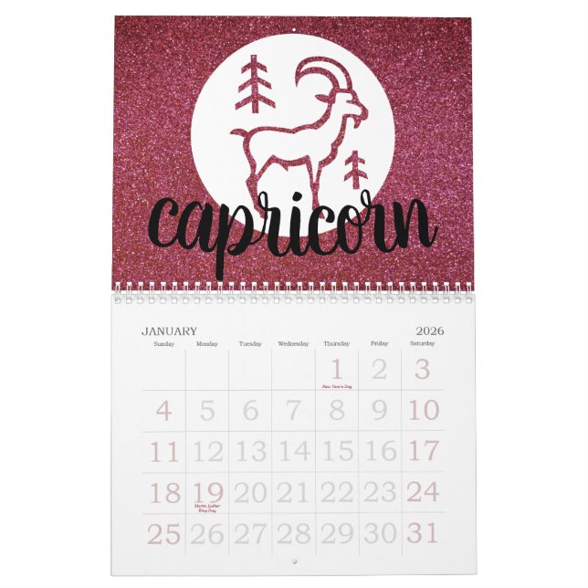 Simple Astrology Zodiac Glitter Birthstone Chart   Calendar (Jan 2026)