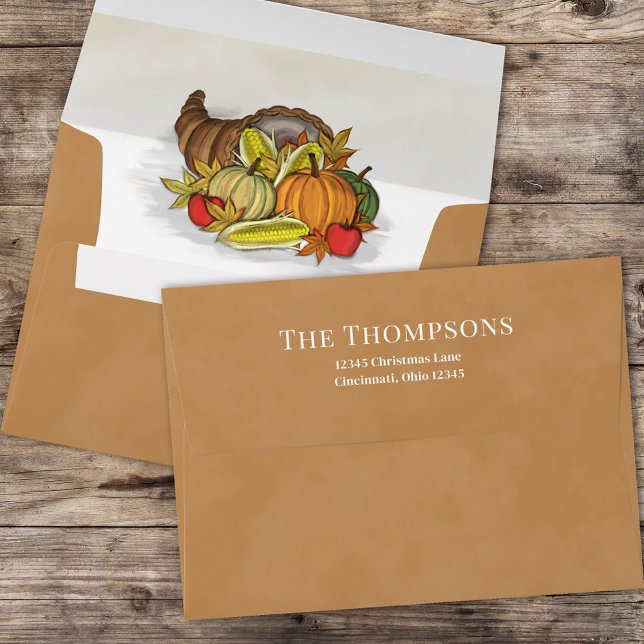 Simple Autumn Watercolor Harvest Cornucopia  Envelope (Autumn cornucopia harvest brown envelope.)