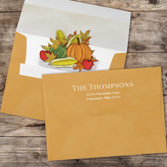 Simple Autumn Watercolor Harvest Greenery Foliage Envelope (Fall autumn harvest vegetable orange envelope.)