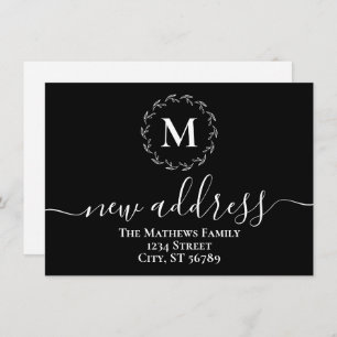 Simple B&W Botanical Wreath Monogram New Address Announcement