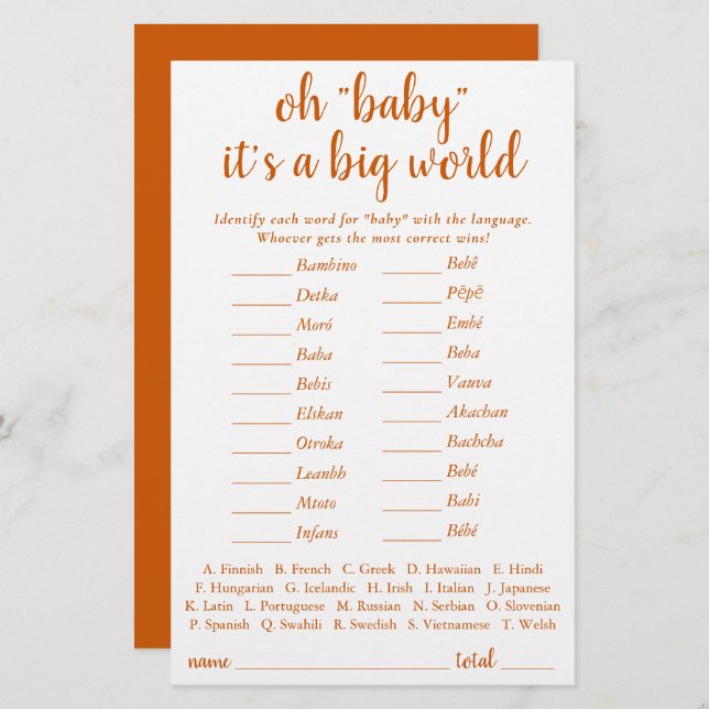 Simple Baby Around the World | Fall Orange Quiz (Front/Back)