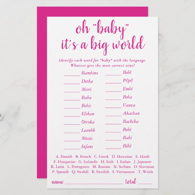 Simple Baby Around the World | Hot Pink Quiz Card (Front/Back)