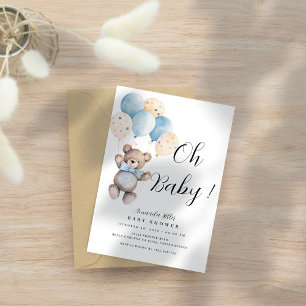 Simple Baby Bear Balloons Blue Baby Shower Invitation